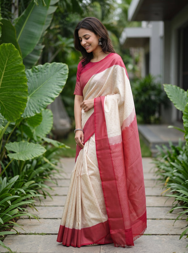 Kanjivaram Silk Off-White Saree with Red Contrast Border & Zari Motif
