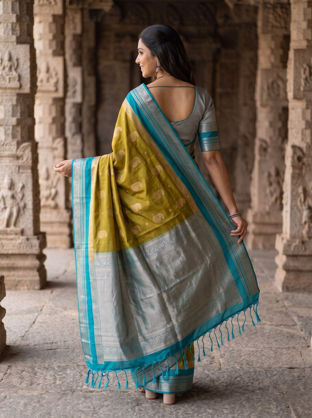 Semi Silk Mustard Zari Paisley Grey Pallu Saree