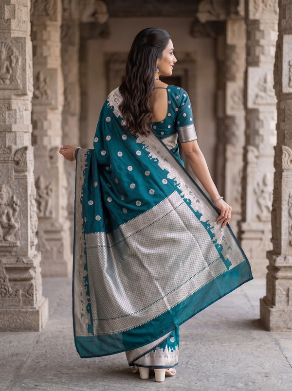 Banarasi Dark Teal Green Saree with Intricate Zari Geometric Pallu