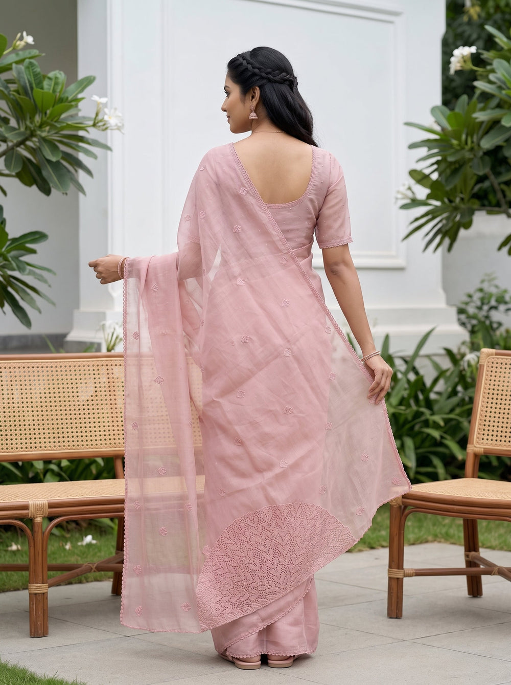 Organza Blush Pink Saree with Cutwork Embroidered Half-Moon Pallu and Sequin Butta