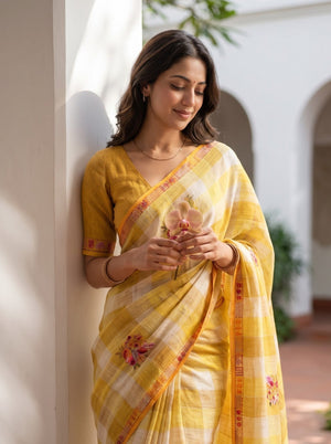 Linen Mustard Yellow Check Bird Floral Bouquet Embroidery Border Saree