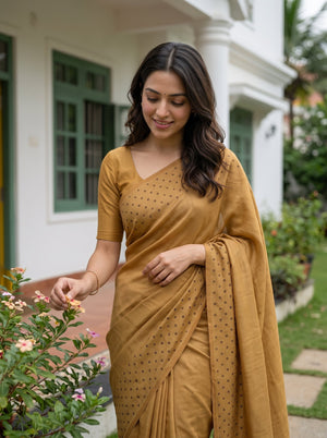 Chiffon Golden Saree with Scattered Dot Border Design