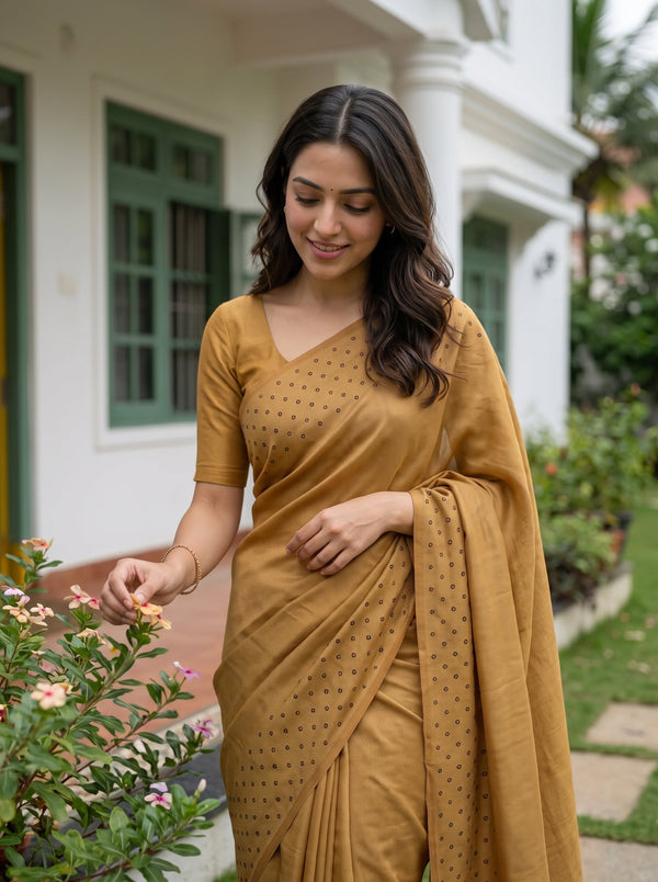 Chiffon Golden Saree with Scattered Dot Border Design