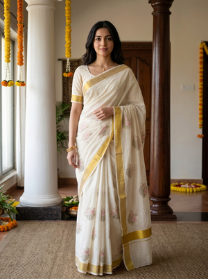 Cotton Cream Floral Basket Motif with Golden Zari Border Onam Special Kerala Saree