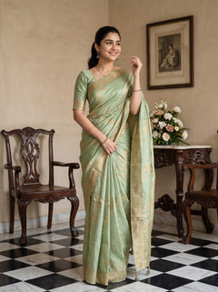Banarasi Silk Pista Green Allover Floral Saree with Antique Gold Border