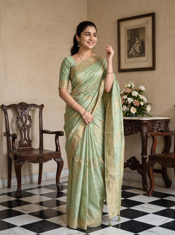 Banarasi Silk Pista Green Allover Floral Saree with Antique Gold Border