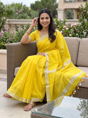 Chanderi Organza Yellow Sequin Work Saree with Gold Tissue Border and Tassels