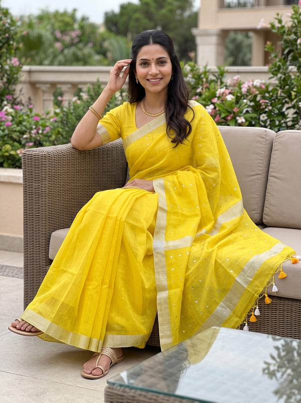 Chanderi Organza Yellow Sequin Work Saree with Gold Tissue Border and Tassels