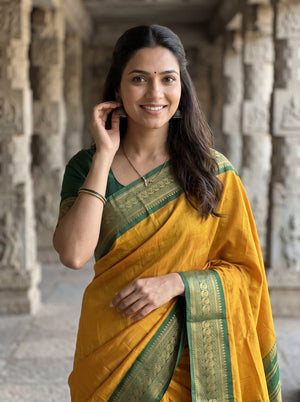 Semi Silk Mustard Yellow Golden Pinstripe Saree with Green Zari Border