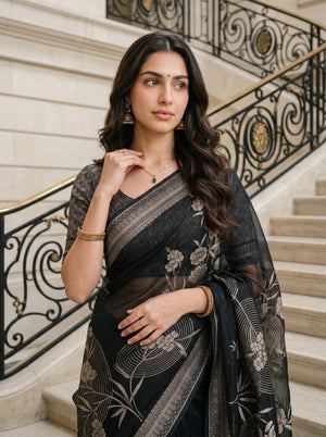Organza Black Floral Print Saree with Blossom Motifs