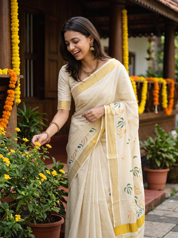 A woman wearing a cream-colored saree with yellow border accents and green floral prints, standing in a garden courtyard decorated with yellow marigold garlands.