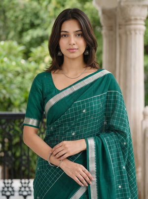 Cotton Silk Dark Green Saree with Silver Checkered Pallu and Striped Border