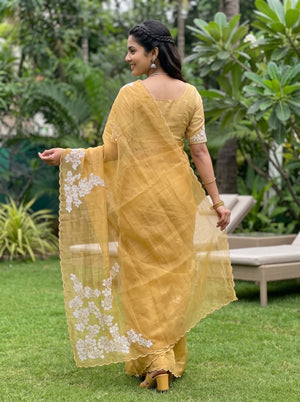 Organza Mustard Golden White Floral Cluster Embroidery Applique Pallu Scalloped Edge  Saree