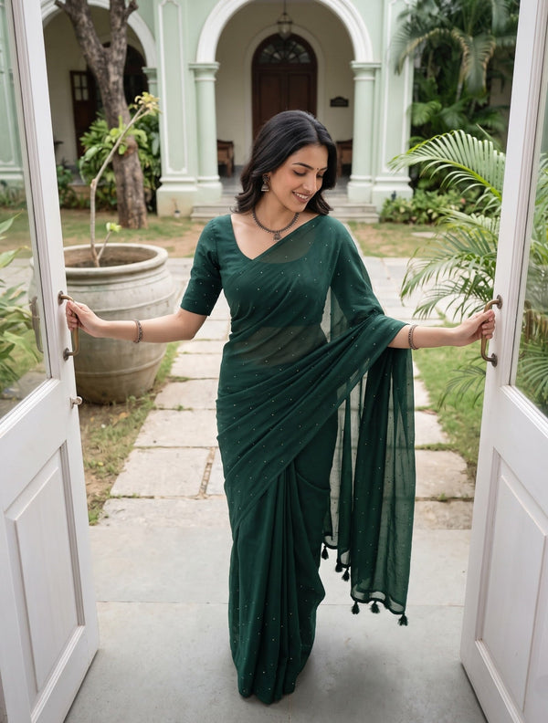 Mul Chanderi Bottle Green Gold Sequin Dot Saree