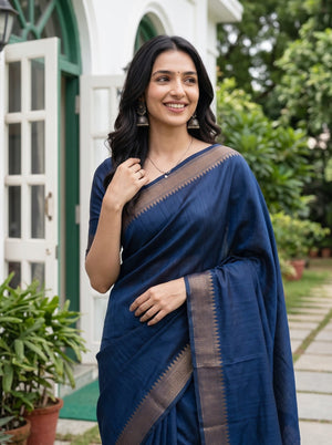 Matka Silk Navy Blue Gold Chevron Border Saree