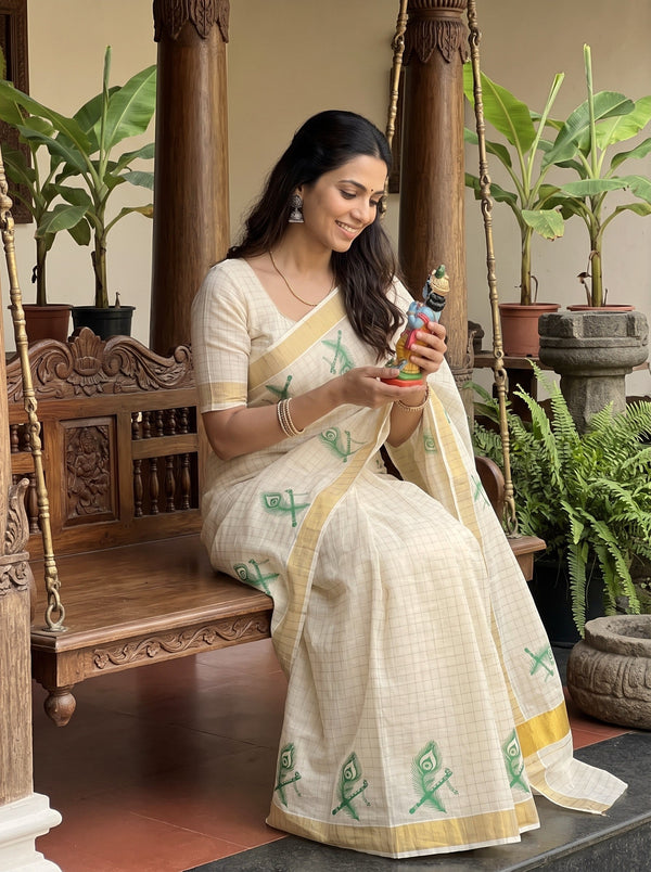 Tissue Cream Peacock Feather Print Kerala Saree with Golden Zari Border