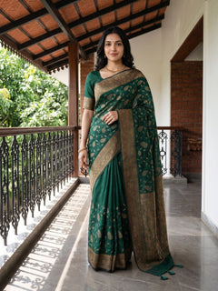 Cotton Silk Green Golden Zari Brocade Paisley Vine Saree