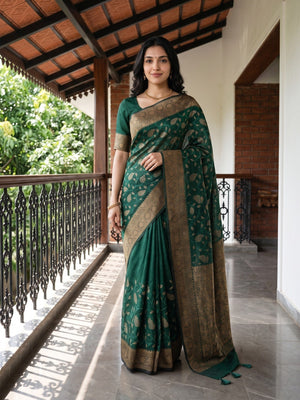 Cotton Silk Green Golden Zari Brocade Paisley Vine Saree