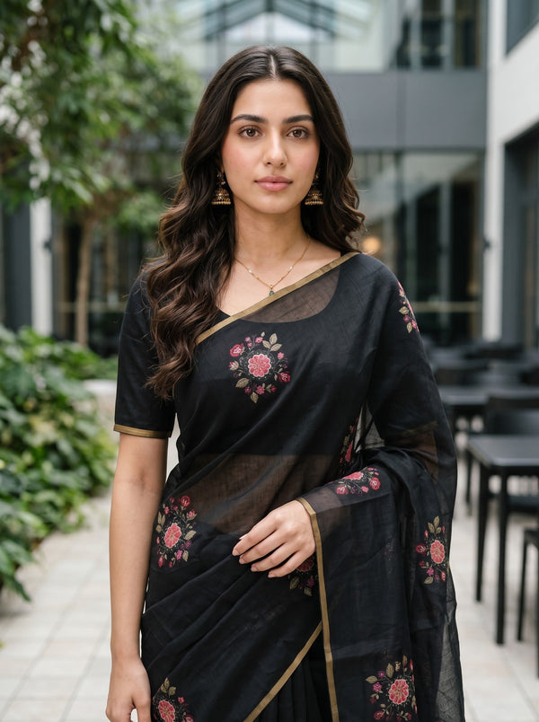 Synthetic Black Scattered Rose Print Saree with Thin Gold Border