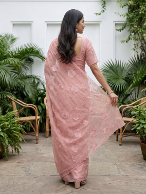 Chiffon Dusty Pink Floral Embroidered Saree