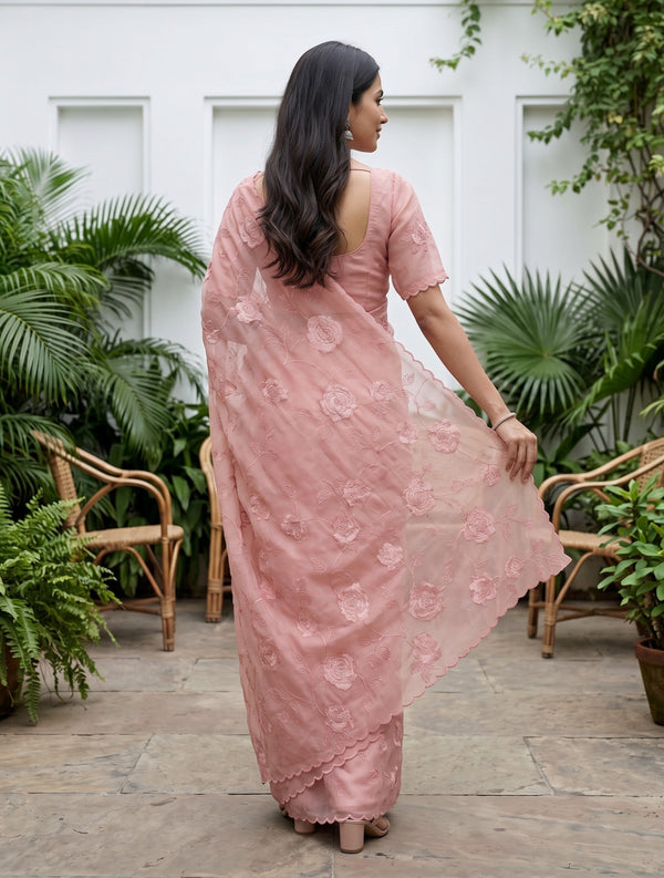 Chiffon Dusty Pink Floral Embroidered Saree