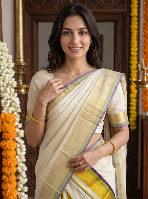 Tissue Cream Kasavu Gold Purple Stripe Border Onam Kerala Set Mundu