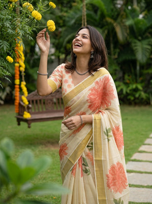 Tissue Cream Large Floral Print Tassel Kerala Saree