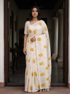 Cotton Cream Leaf Berry Print Saree