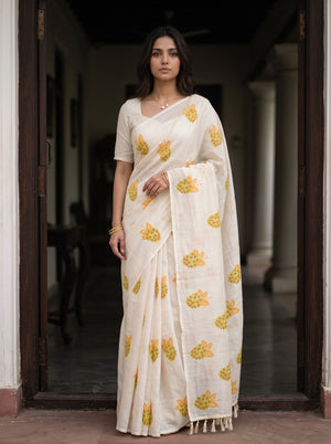 Cotton Cream Leaf Berry Print Saree