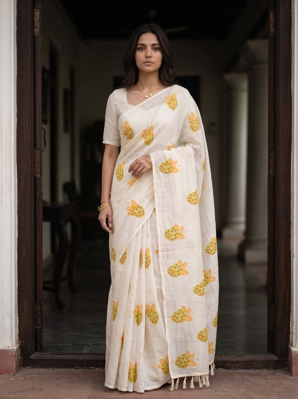 Cotton Cream Leaf Berry Print Saree