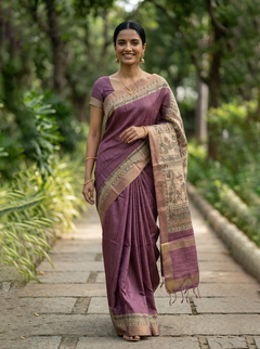 Woman in a purple saree with a patterned border standing on a path with greenery.