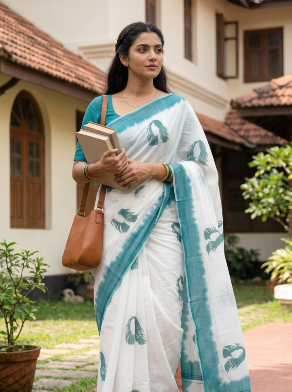 Cotton Off-White Face Print Teal Dip-Dye Border Tassel Saree