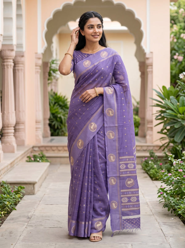 Chanderi Purple Peacock Medallion Floral Paisley Pallu Saree