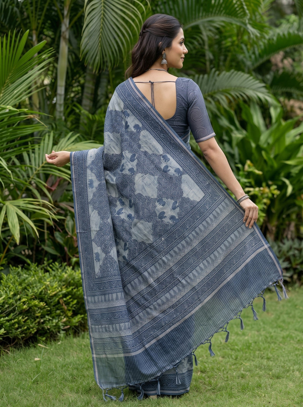 Polycotton Indigo Blue Elephant Motif Block Print Saree with Temple Border Pallu, Mirror Work and Tassels