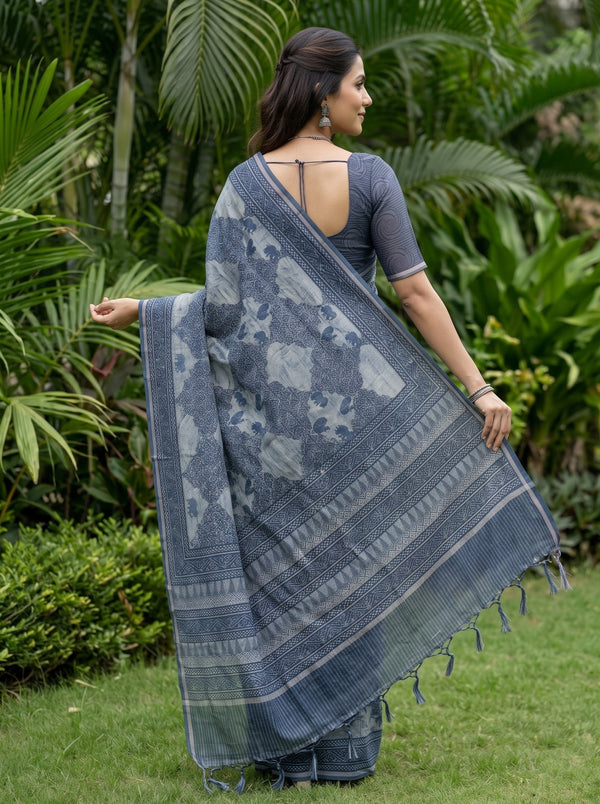 Polycotton Indigo Blue Elephant Motif Block Print Saree with Temple Border Pallu, Mirror Work and Tassels