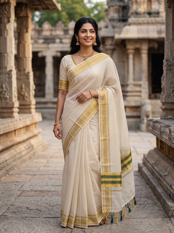 Cotton Cream Kerala Saree with Checkered Design, Golden Zari and Green Striped Border