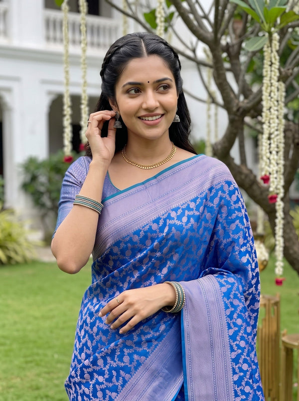 Kanjivaram Brocade Saree in Peacock Blue with Silver Floral Jaal Pallu