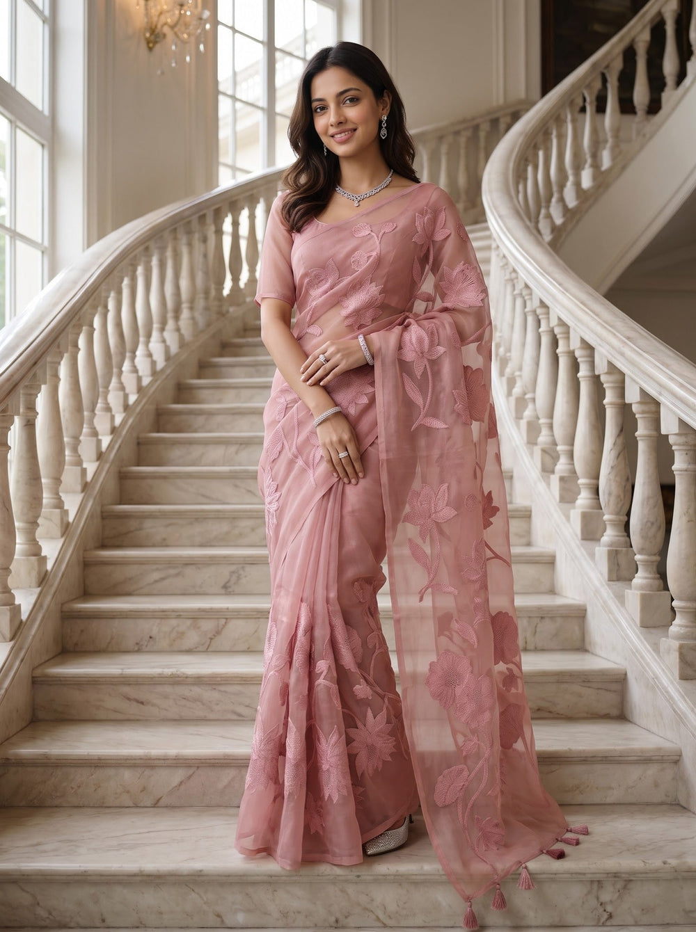 Organza Pink Floral Vine Embroidery Saree with Tassels