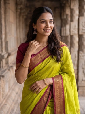 Semi Silk Yellow Saree Maroon Brocade Border with Striped Body