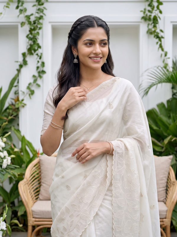 Organza Ivory Saree with Tonal Floral Vine and Sequin Work