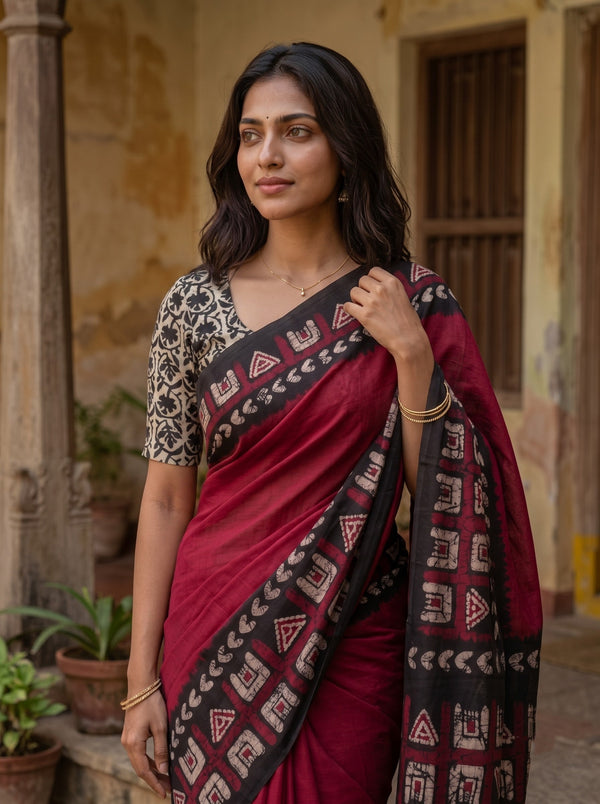 Mul Cotton Black Tribal Batik Print Saree