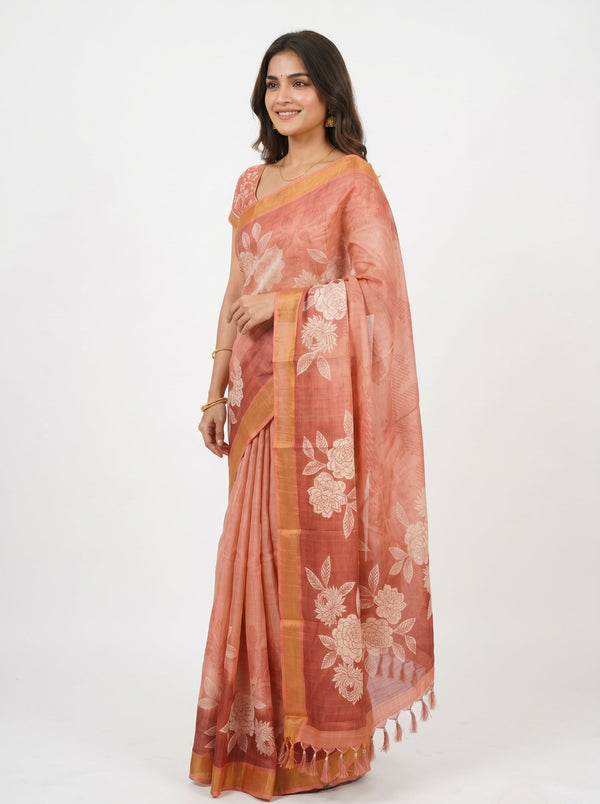 Linen Peach Floral Printed Saree