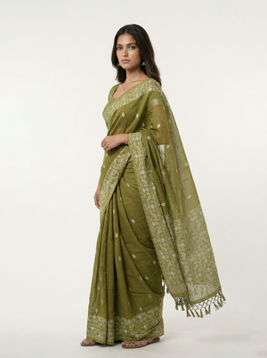 Chanderi Cotton Moss Green Traditional Motif Saree