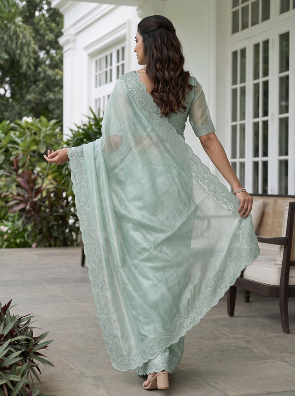 Organza Sea Blue Crystal Stone Work Beaded Scroll Vine Border Scalloped Edge Saree