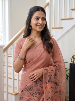 Net Kota Peach Saree with Delicate Floral  Embroidered