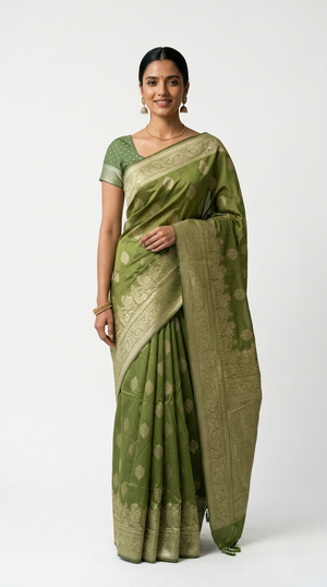 Art Silk Olive Green Zari Butta Saree