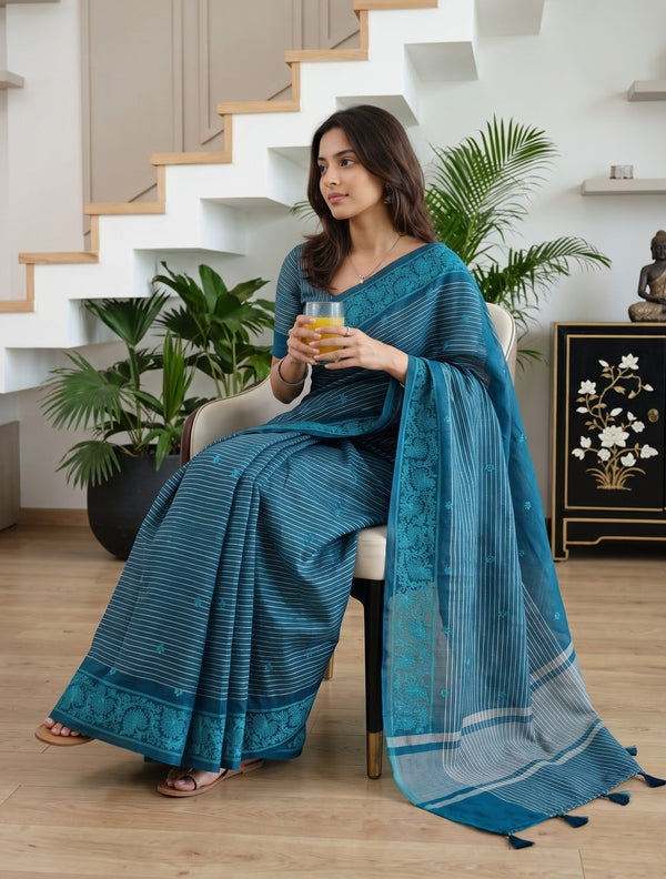 Organza Teal Peacock Blue Golden Pinstripe Floral Vine Border