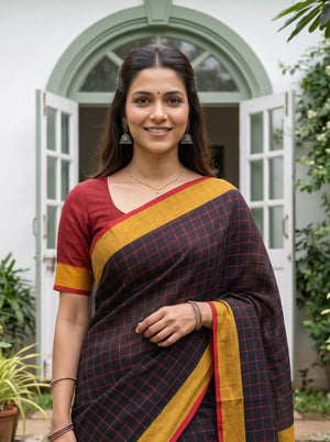 Linen Black Checkered Saree with Black and Maroon Tassels