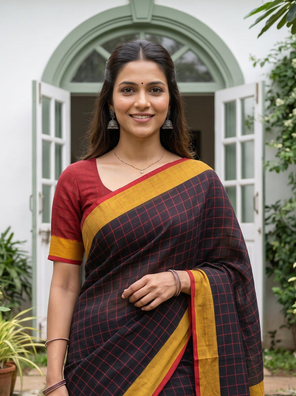 Linen Black Checkered Saree with Black and Maroon Tassels