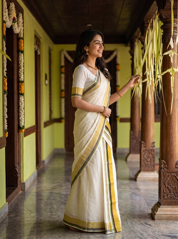 A woman wearing a cream-colored cotton saree with yellow and green border stripes stands in a traditional corridor with wooden pillars and hanging green leaves.